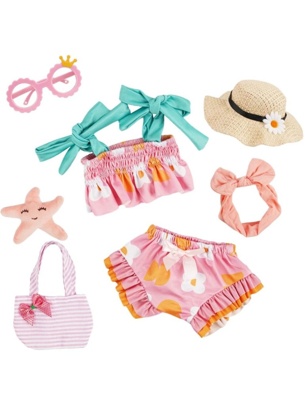 7pc Floral Doll Outfit Set Bag Hat Sunglasses for 16-20in Baby Doll